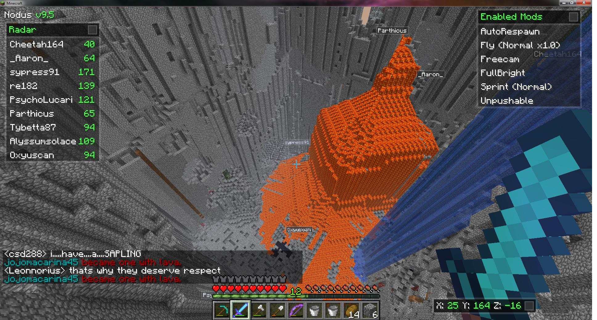 A player is flying through the air with a blue trail behind them, and there are many players in the chat.