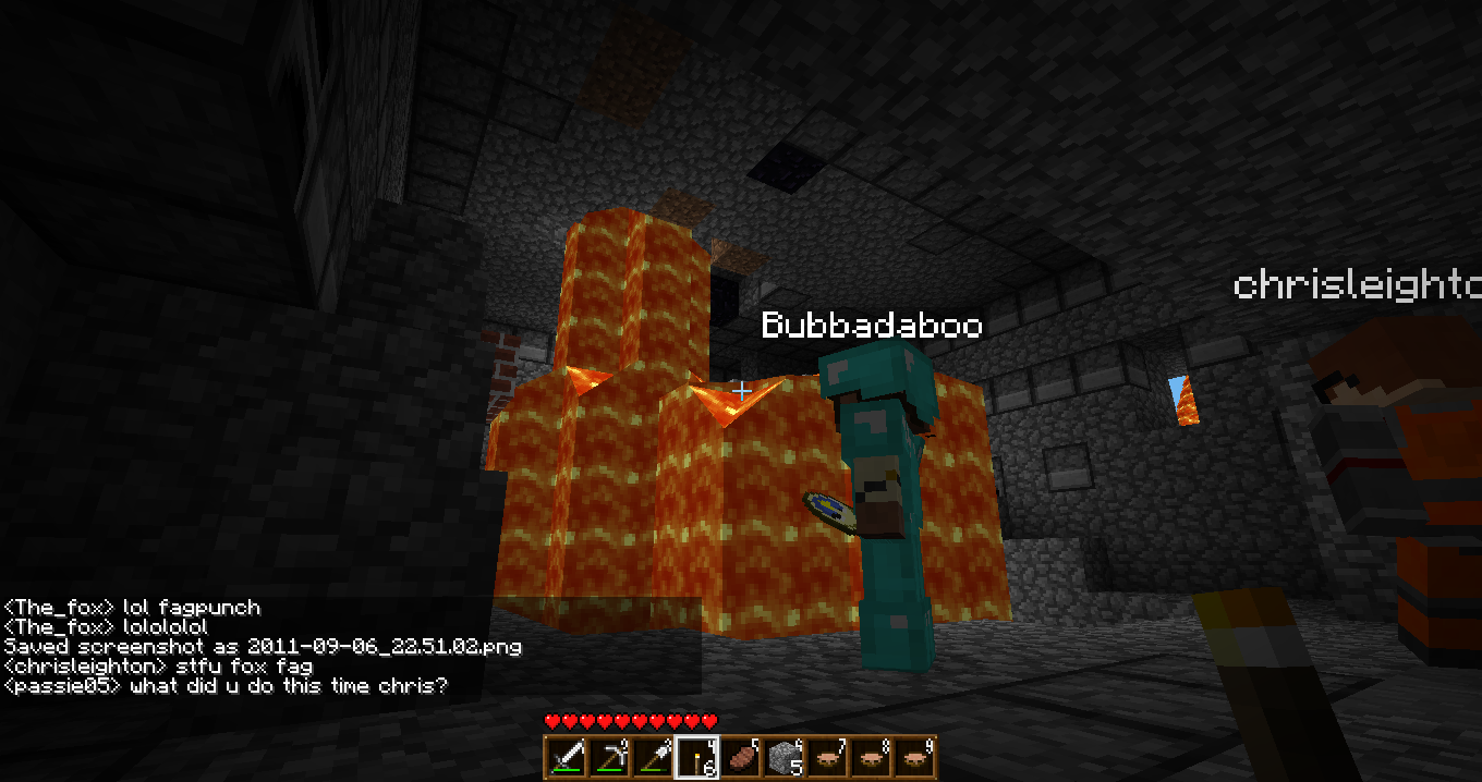 A player named Bubbadaboo is standing in front of a large structure made of orange blocks, with a lava pool nearby.