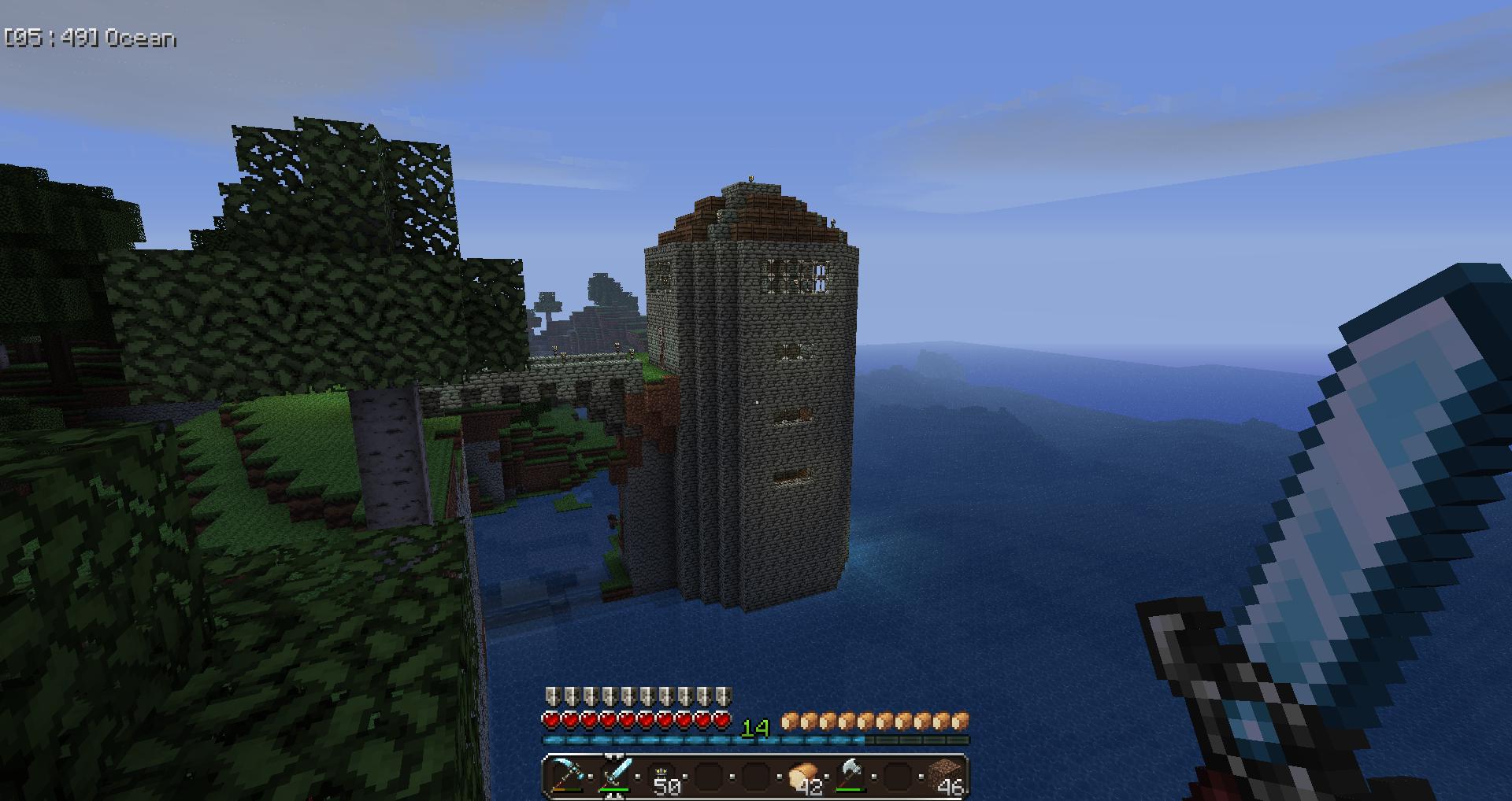 A build of a tall tower in the sky, with a sword and a bow in the foreground.
