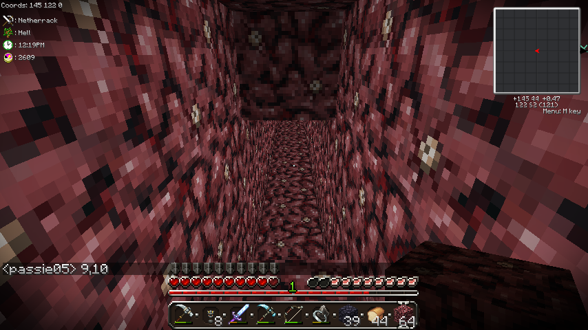 A player is exploring a cave with red and black pixelated walls, possibly made of netherite or obsidian.