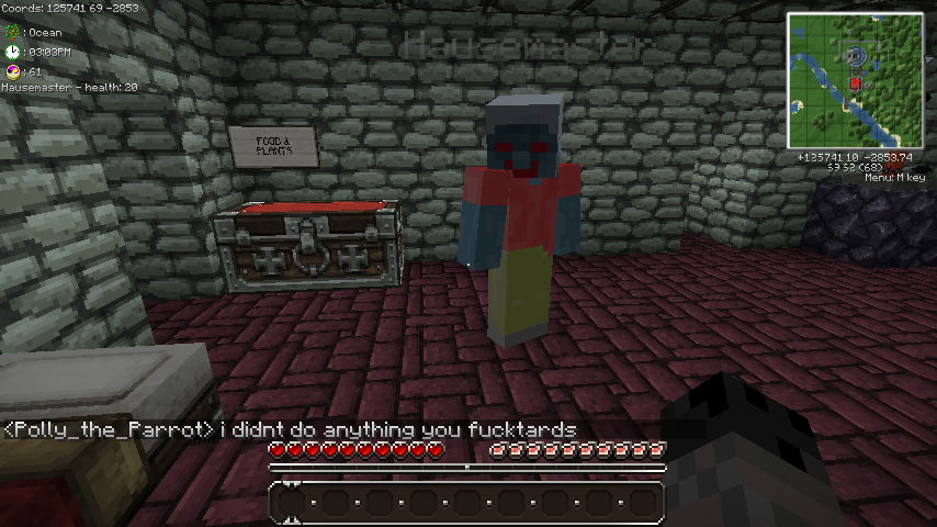 A player standing in a room with a red brick floor and stone walls, with a chest and a sign on the wall.