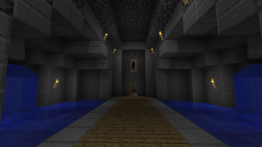 A large underground base with a long hallway and blue water on either side.