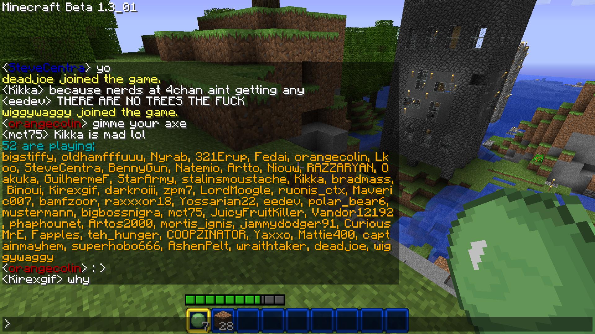 A screenshot of a Minecraft server with a chat window open, displaying various messages from players.