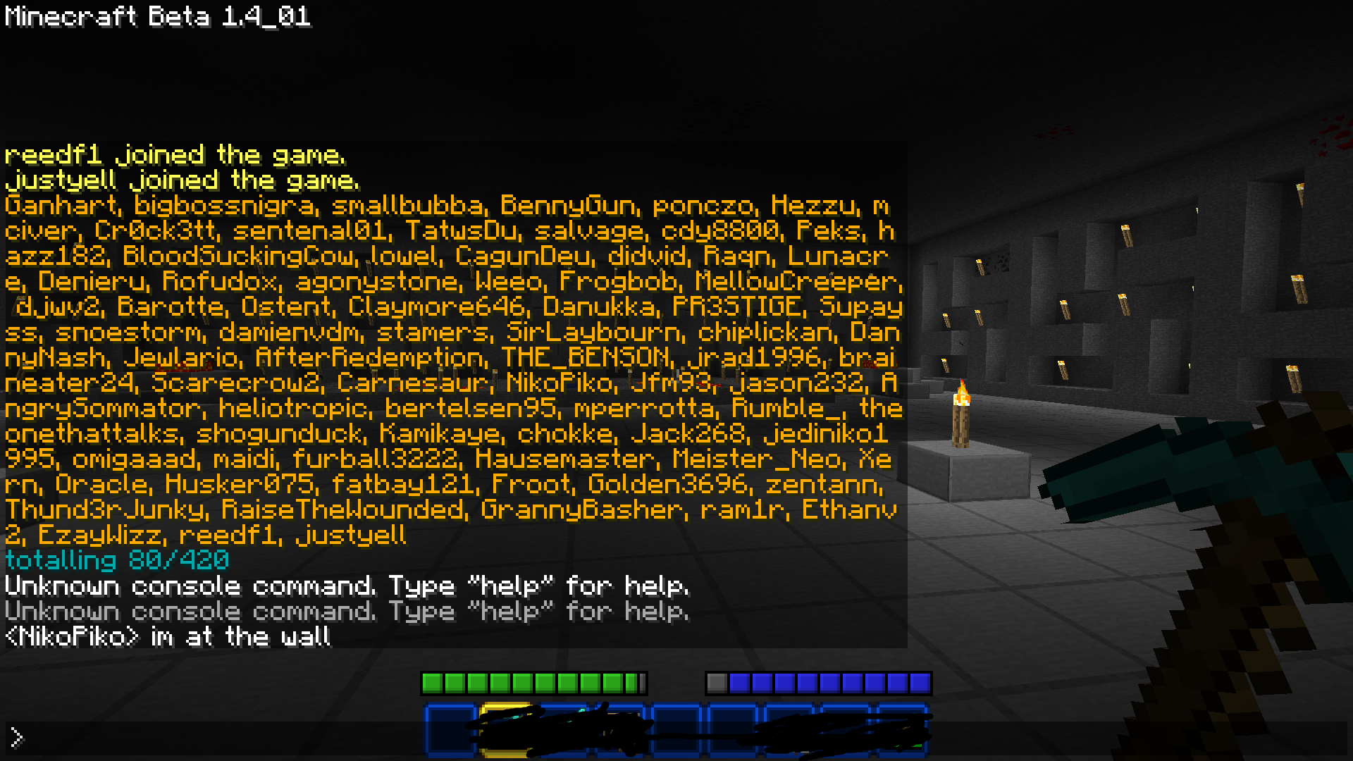 A screenshot of the Minecraft Beta 1.4.01 game, with a list of players who have joined the game displayed in yellow text.