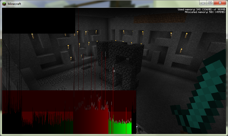 A screenshot of the Minecraft game with a red and green bar at the bottom, possibly indicating a bug or glitch.