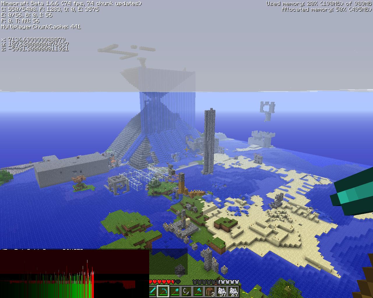 A large, underwater base with a tall tower and a large, sandy island in the background.
