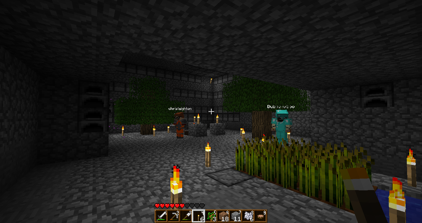 A dark cave with a grassy area and a few players.