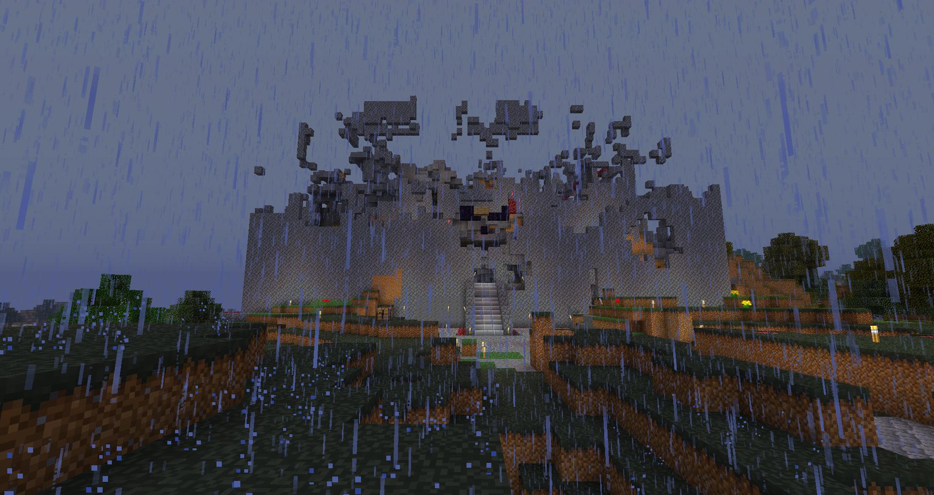 A large castle with a staircase leading up to it, surrounded by trees and a rainy sky.