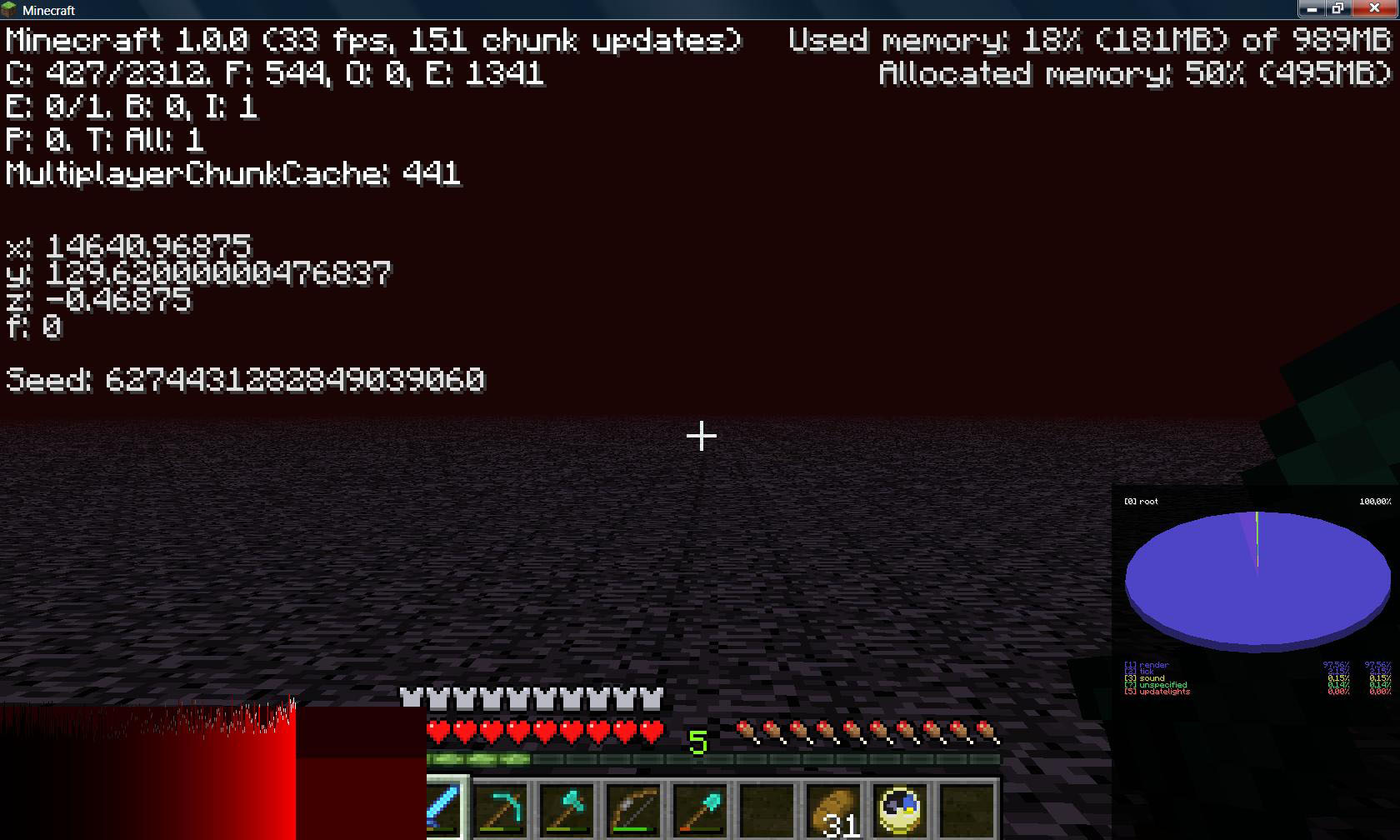 A player's inventory and health in a dark biome, with a red glow on the left side of the screen.