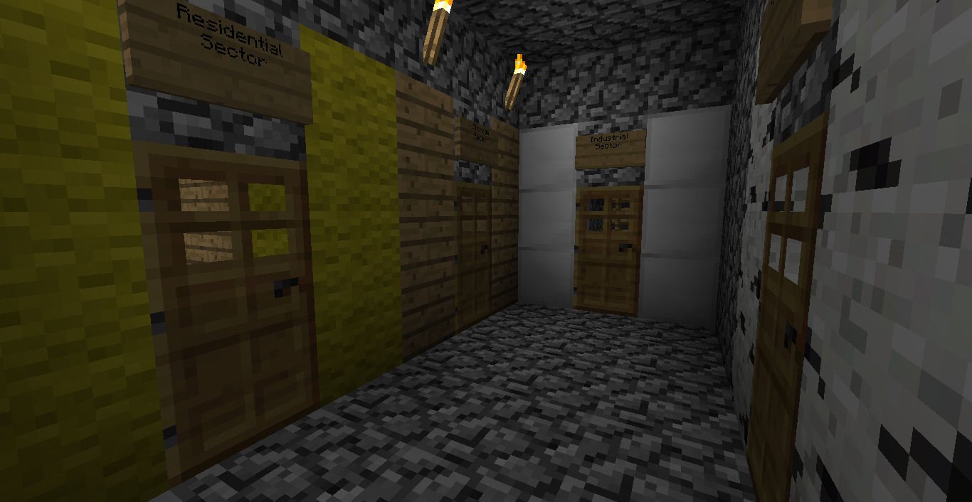 A room with a gray and white pixelated floor, yellow walls, and wooden doors. The room is dimly lit by four hanging lights.