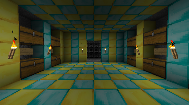A large room with a checkered floor and walls, featuring several shelves and hanging items.