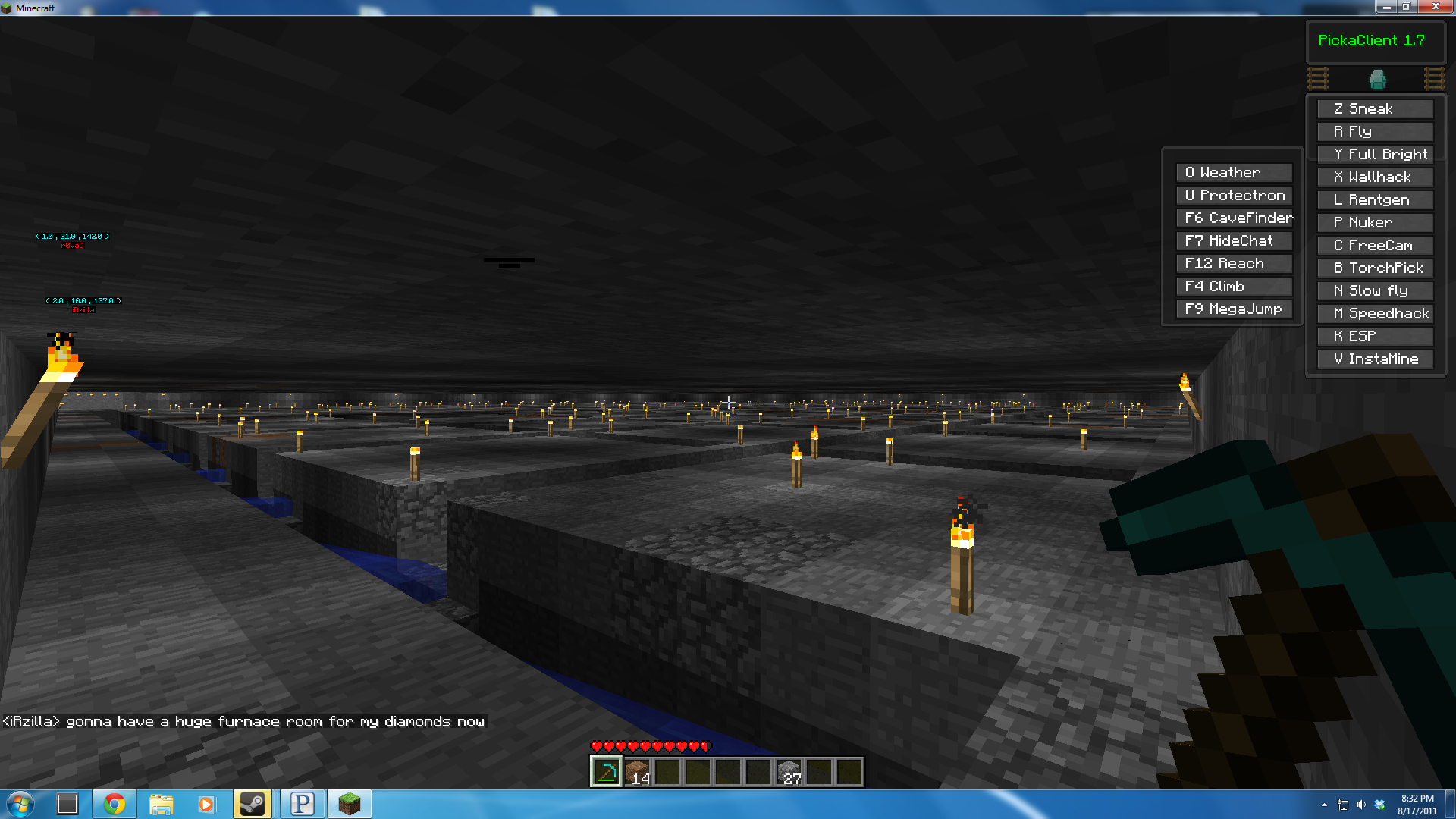 A large underground room with a long hallway and many torches, featuring a player in the corner.
