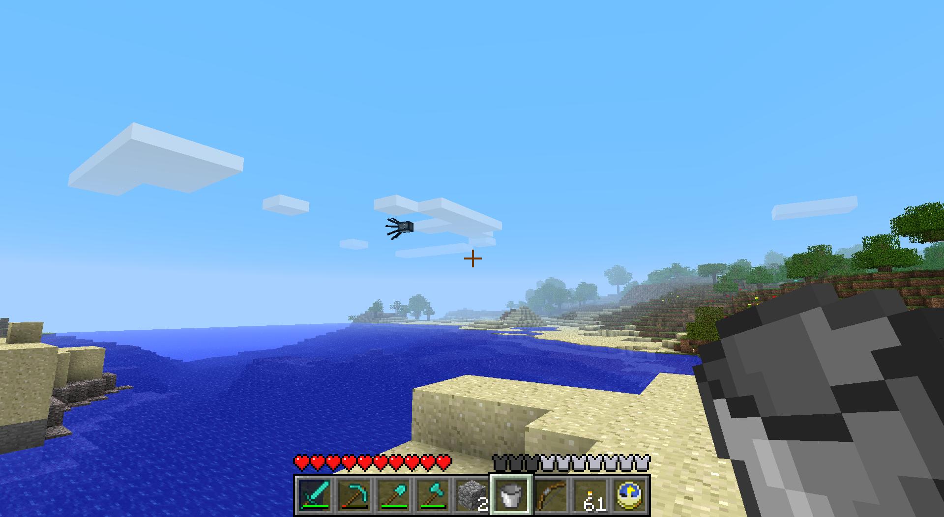 A player is standing on a beach, looking out at the ocean. The sky is blue and there are birds flying overhead.