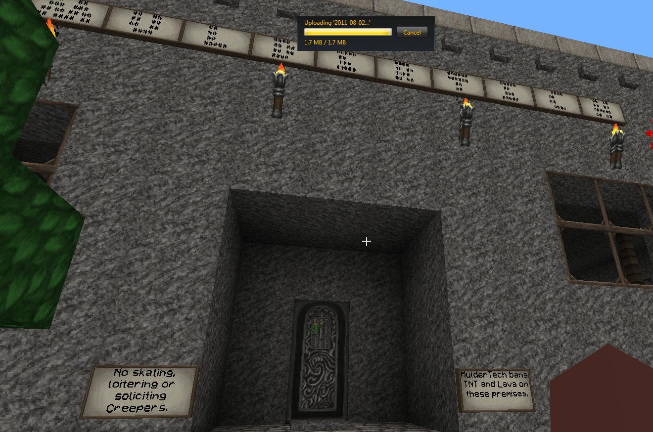 A large stone building with a sign that says 'No skating, loitering or soliciting Creeper's' and another sign that says 'Please do not TNT and lava on these premises.'