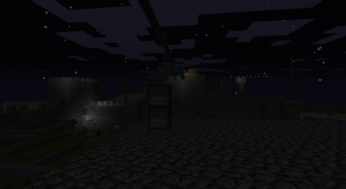 A dark room with a ladder in the center, surrounded by a cobblestone floor and walls.