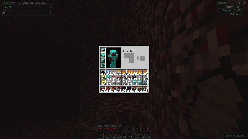 A crafting table with various items and blocks, surrounded by a dark room with pixelated walls.