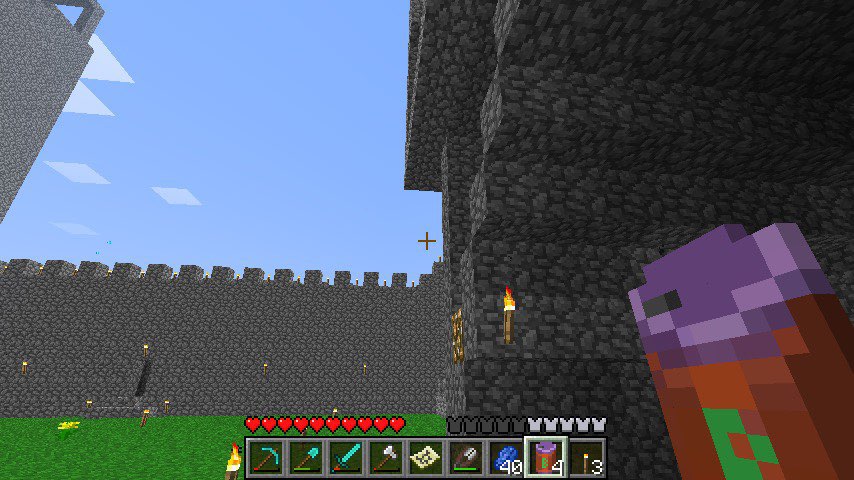 A player is standing in front of a large stone wall with a gate, and there are several items in their inventory.