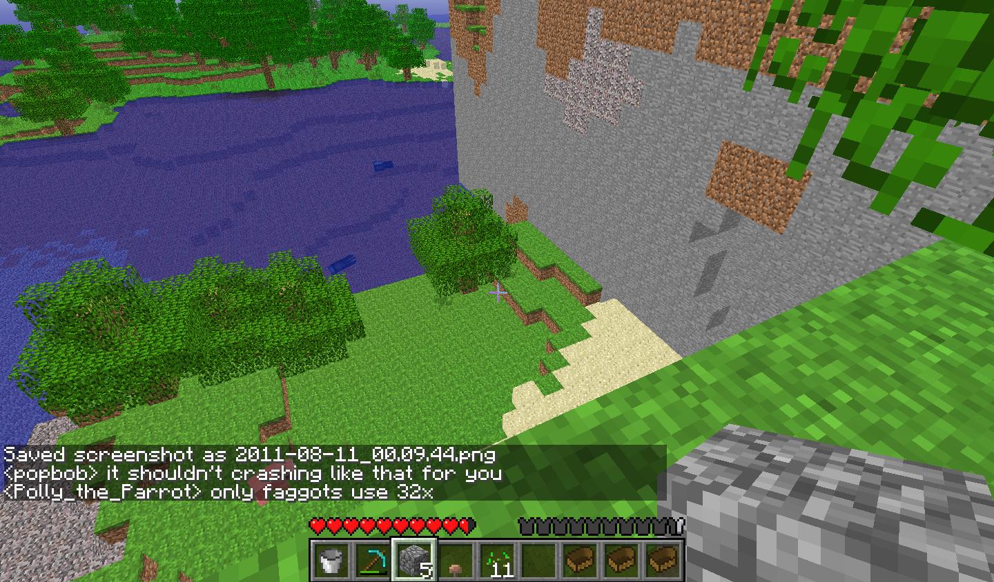 A screenshot of a Minecraft world with a body of water, trees, and a cliffside. There is a chat message at the bottom of the screen.