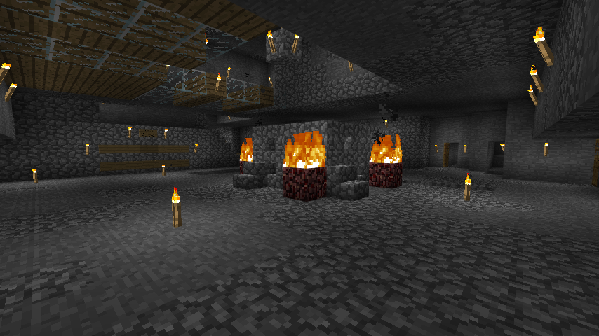 A large room with a high ceiling, featuring several lit furnaces and torches on the walls and floor.