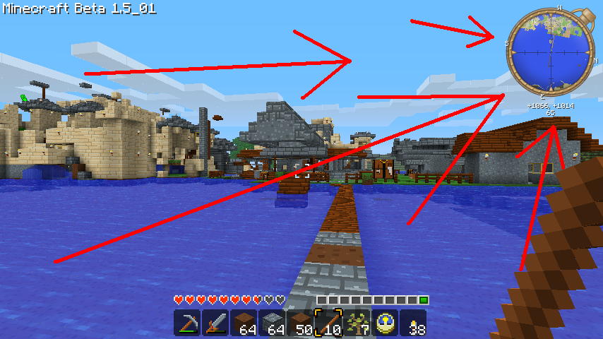 A screenshot of a Minecraft world with a compass in the top right corner, pointing to a location on the map. The player's inventory is visible at the bottom of the screen, and there are several structures and buildings in the distance.
