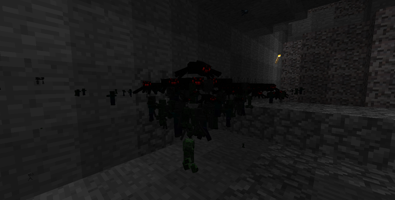 A dark room with a large group of players, some of whom are wearing armor and holding weapons.