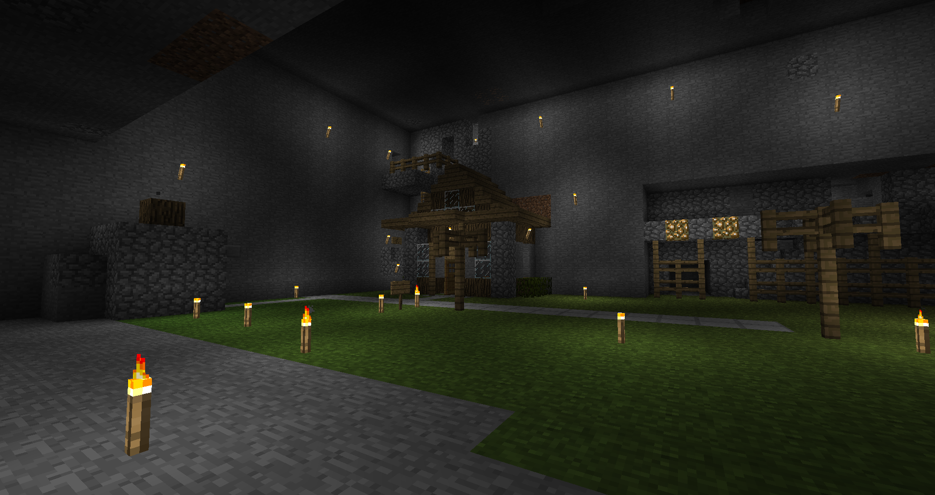 A large, dimly lit room with a grassy area and several lit torches.