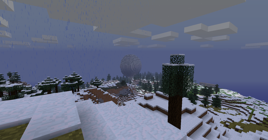 A snowy landscape with a large tree in the center, surrounded by smaller trees and a body of water in the distance.