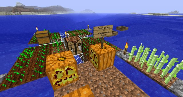 A build of a food island with signs and crops, surrounded by water.