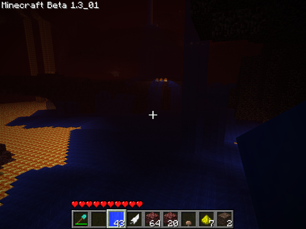 A dark cave with a small pool of water, and a player's inventory at the bottom.