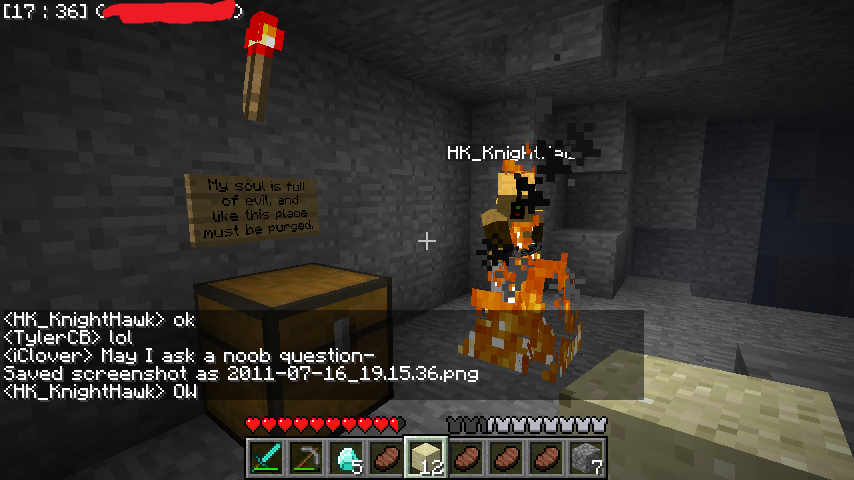 A player is standing in a dimly lit room with a chest and a sign on the wall.