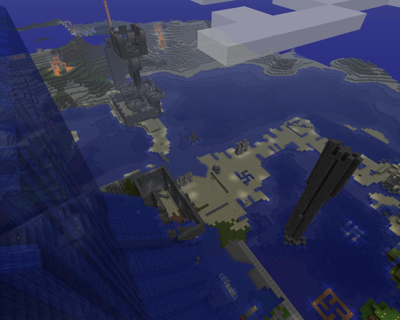 A large underwater base with a swastika symbol on the floor, surrounded by other structures and buildings.