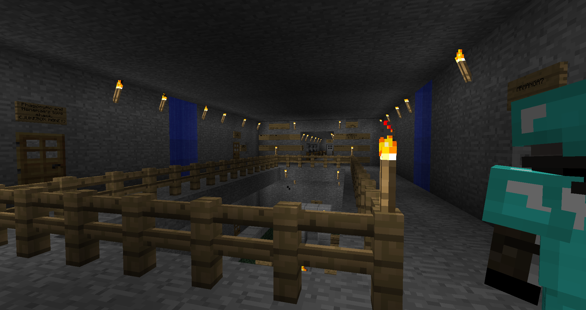 A large underground room with a fence and a lit torch in the center, featuring a teal-colored player character on the right side.