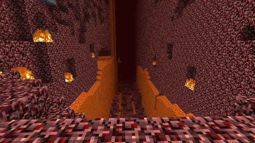 A large, dark cave with a high ceiling and a narrow path leading through it. The walls are lined with torches, and the floor is covered in a pattern of red and white blocks.