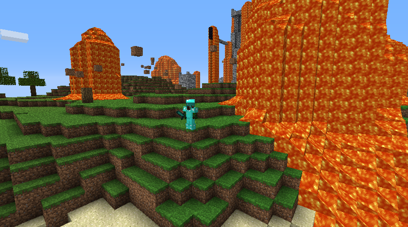 A large lava wall with a grassy hill in front of it, featuring two blue endermen.