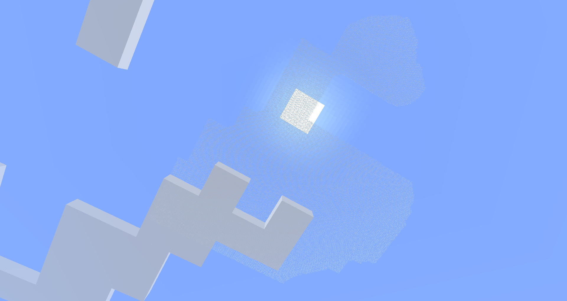A bright light in the sky, with some gray blocks in the foreground.