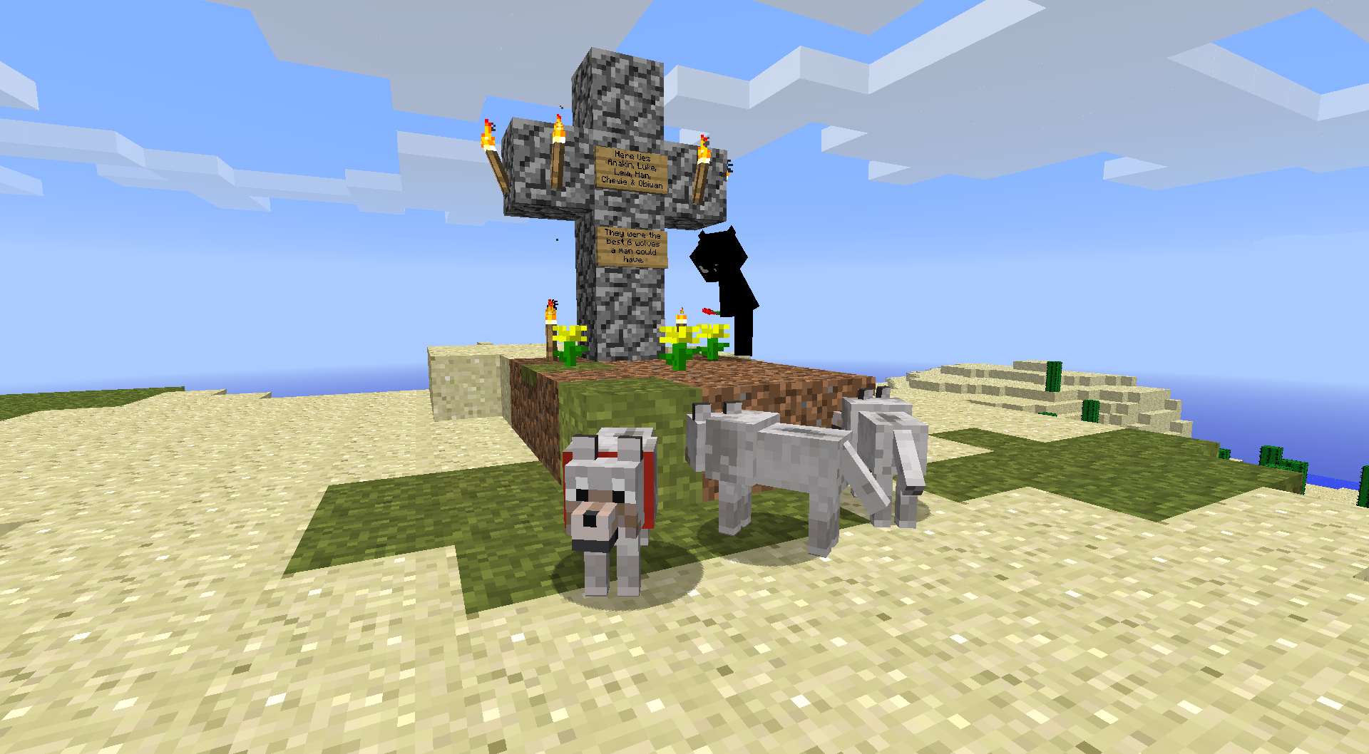 A memorial with a cross and a sign, surrounded by animal mobs.