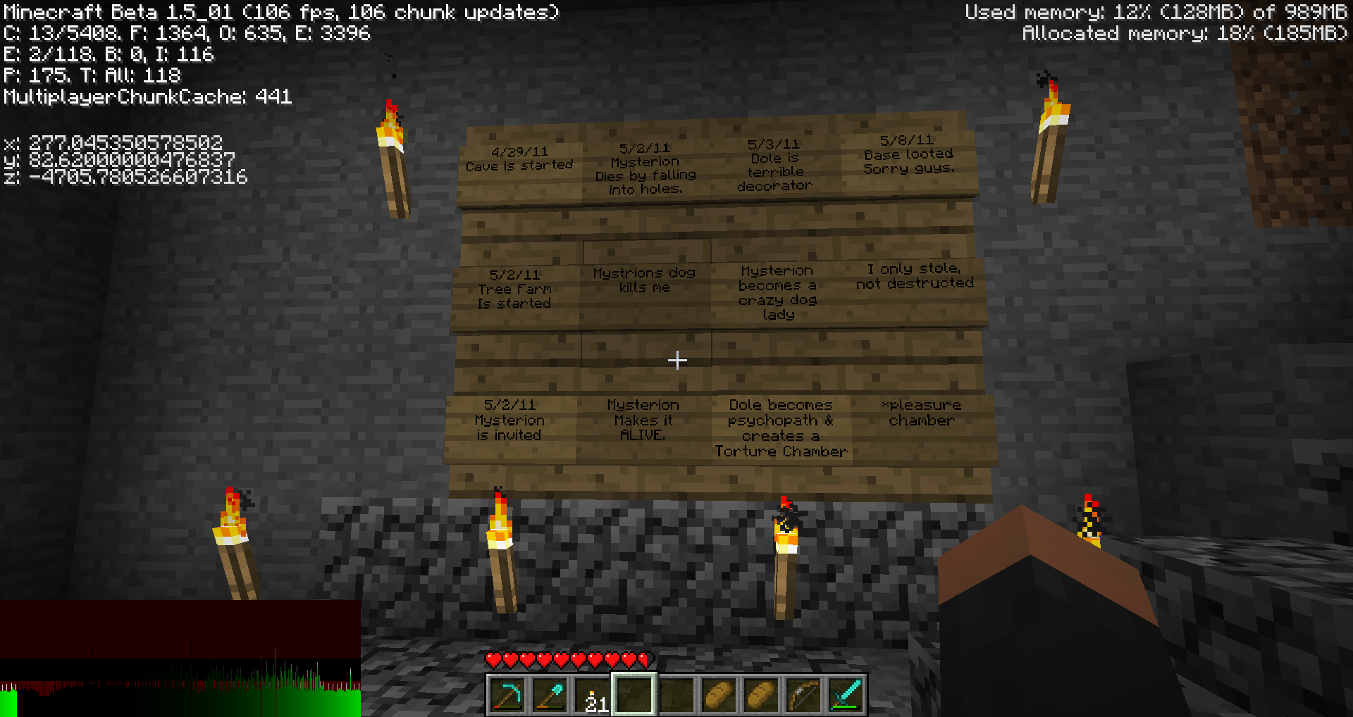 A screenshot of a Minecraft server with a list of players and their respective bases, along with some chat messages.