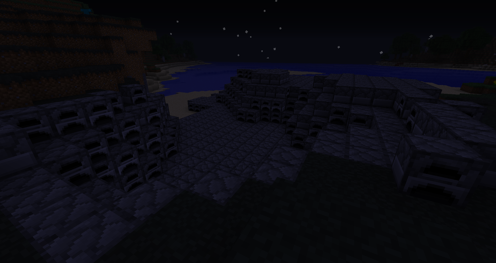 A dark, mysterious landscape with a body of water in the distance.