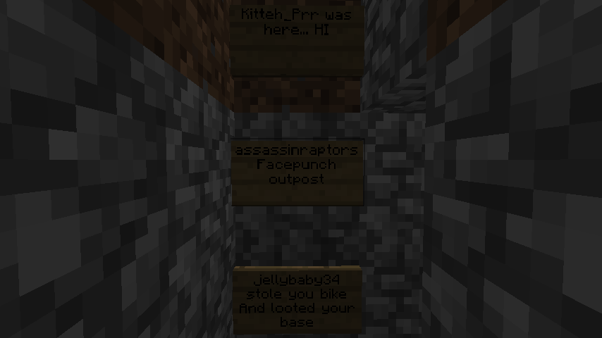 A dark room with signs on the walls, containing text that appears to be player names and messages.