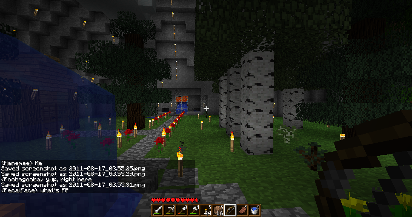 A large, dark forest with a path of lit torches leading to a building.
