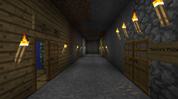 A long hallway with many doors and lights, possibly a base or a build.