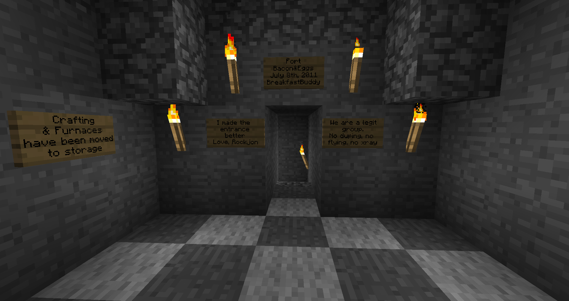 A room with a checkered floor and several signs on the walls, including one that reads 'Crafting & Furnaces have been moved to storage'.