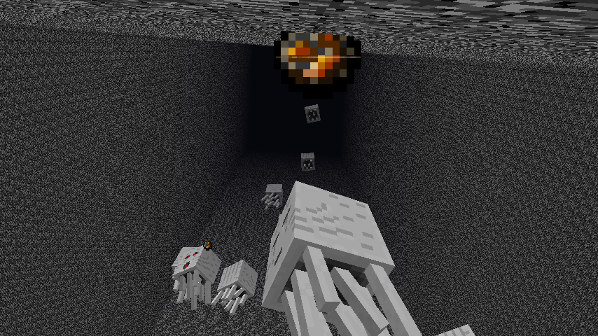 A group of ghasts and a giant ghast in the nether, with lava above.