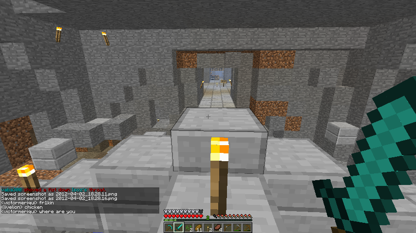 A large underground base with a long hallway and several rooms, featuring a variety of blocks and items.