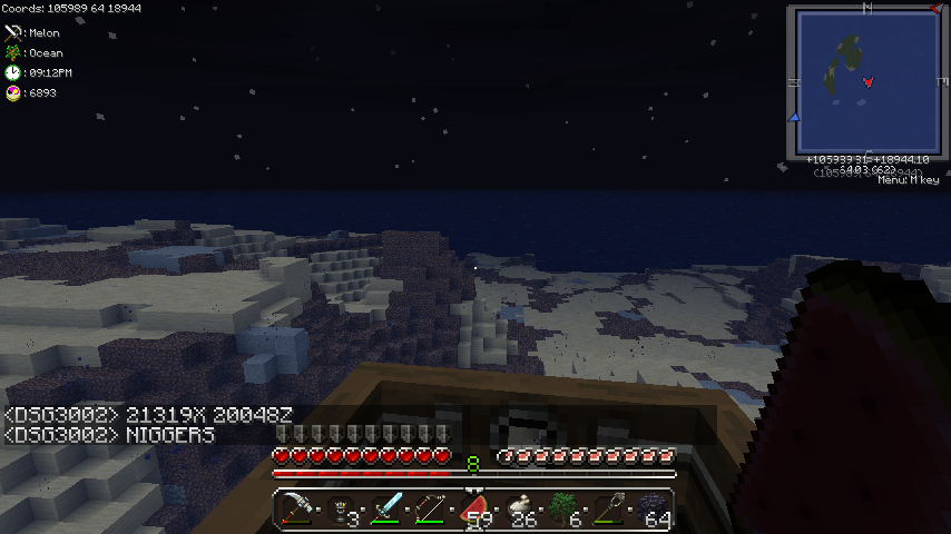 A player is standing on a cliff, looking out at the night sky. The player's inventory is open, showing various items.