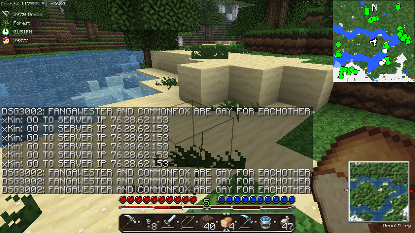 A player is standing in front of a large hole with a sign that says 'FANGAUESTER AND COMMONFOX ARE GAY FOR EACHOTHER'. The player's inventory is open, showing various items.