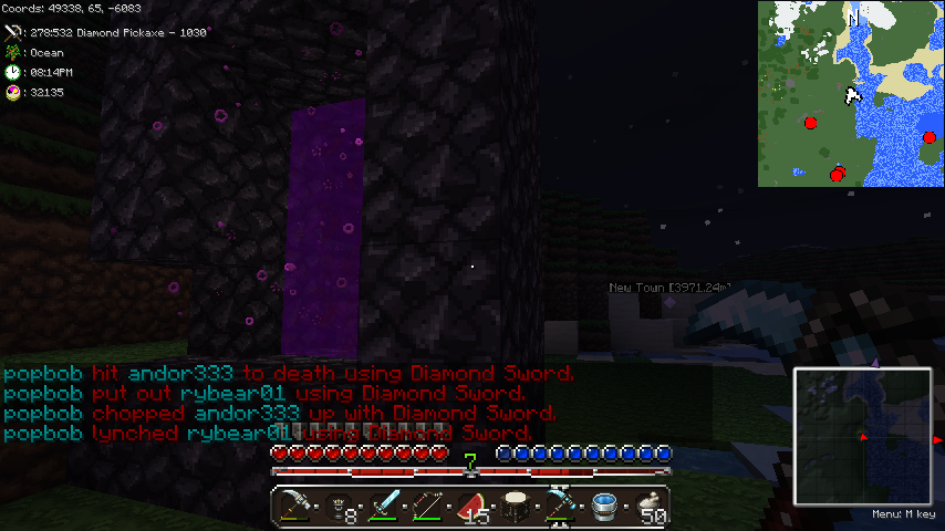 A player is fighting another player in a dark cave, with chat messages visible.