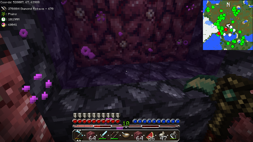 A player's inventory and health in a dark cave with purple flowers, near a map with green dots.