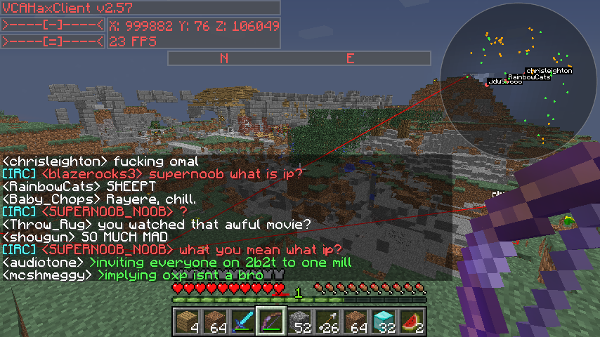 A player is standing in front of a large, pixelated structure, with a chat window open displaying various messages.