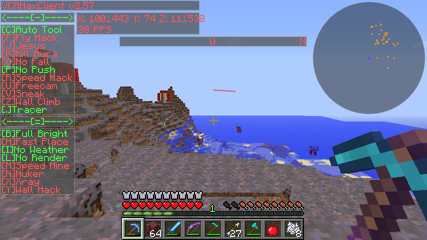 A player is standing on a beach with a large body of water in front of them. The player's inventory is open, showing various items such as diamonds, gold, and obsidian.